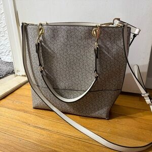 Calvin Klein Beige and Brown Monogram Tote with Crossbody Strap